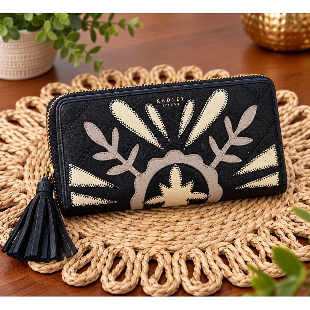 Radley London Black Leather Applique Zip Around Wallet Tassel Large